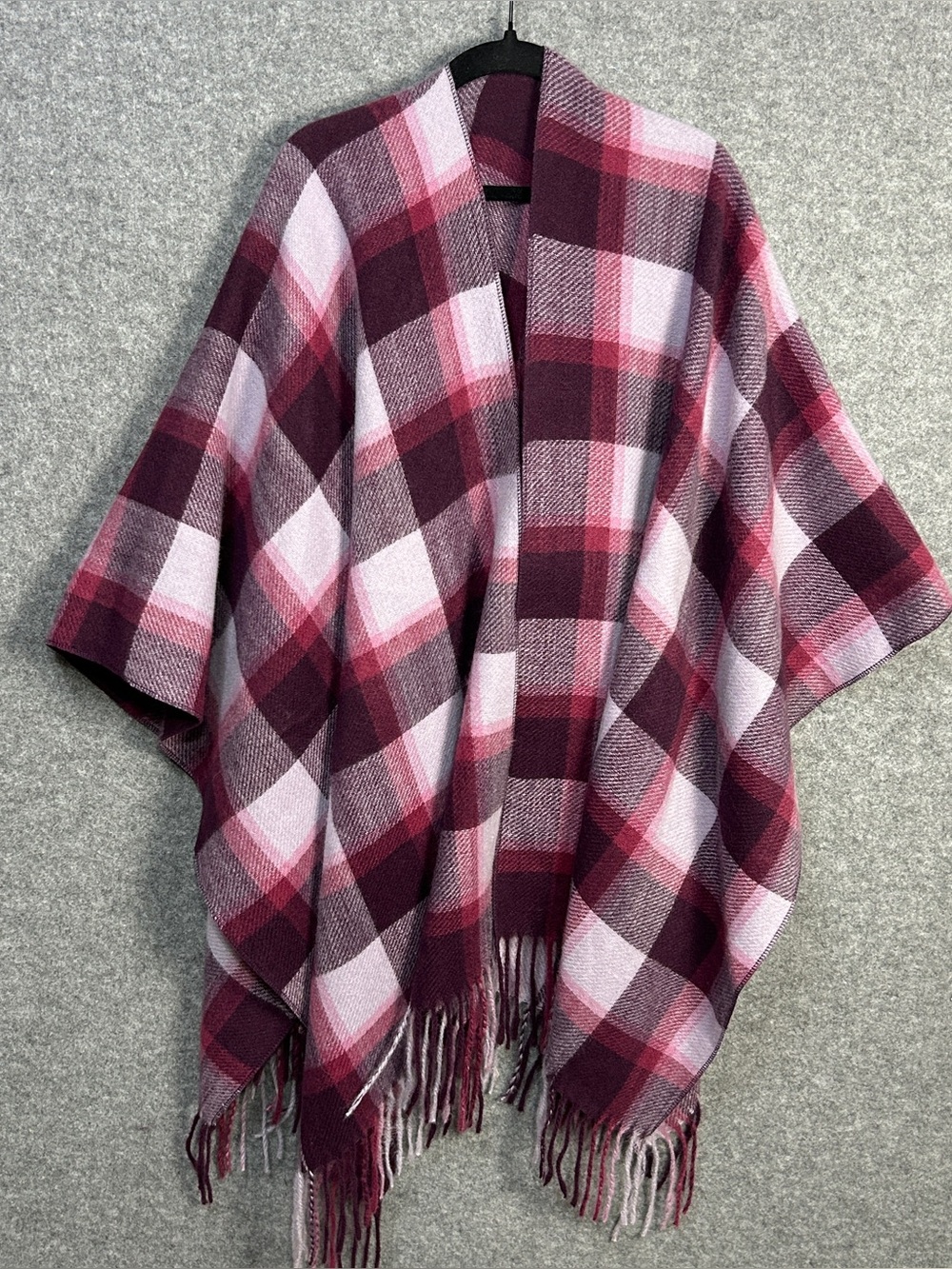 Lands End Plaid Fringe Brushed Ruana/Poncho Wrap Burgundy & Pink Cozy Layering